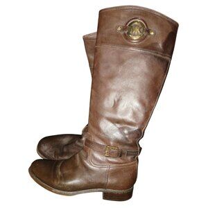Michael Kors Stockard Mocha Brown Leather Riding Equestrian Boot Gold Medallion